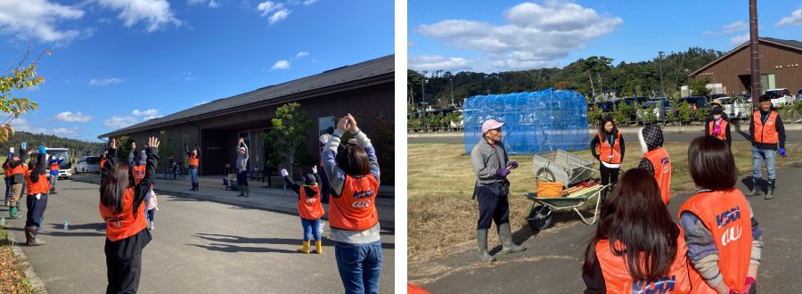 ＜左：ラジオ体操で身体を温めます／右：芋掘りの達人が皆様をお迎え！＞